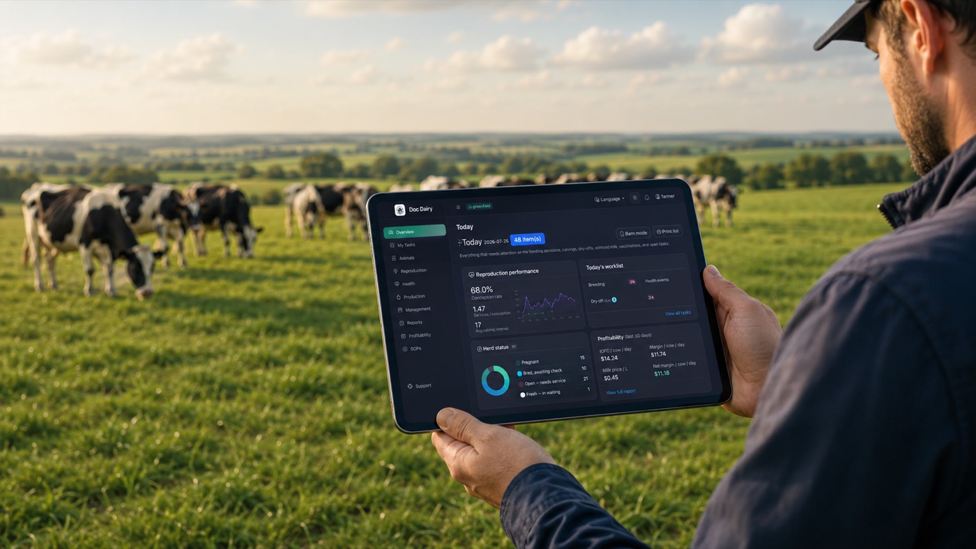 Farmer checking the DocDairy dashboard on a tablet in front of a grazing dairy herd